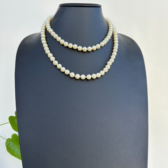 Vintage Faux Pearl Necklace, 38 Inch Hand Knotted Glass Imitation Pearls - Picture 5 of 12